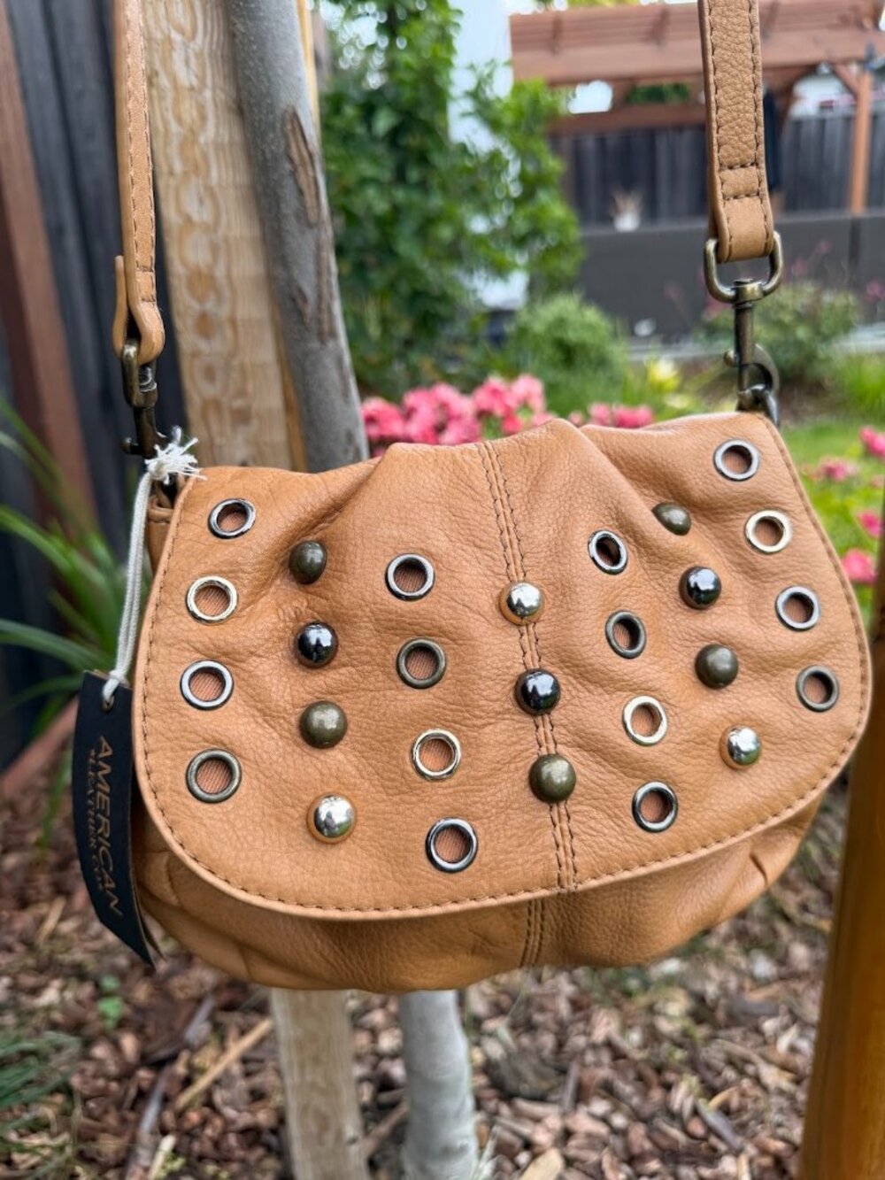 American Leather Co. Cafe Latte Smooth Studded Crossbody Bag - NWT $118